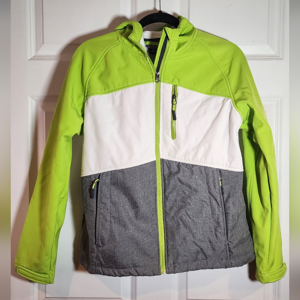 CB Sports Lime Green White Gray Lined Zip Up Hooded Windbreaker Jacket Large